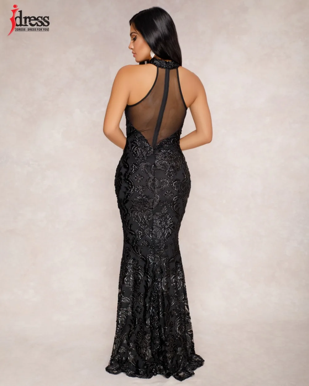 IDress высокое качество женское летнее Сетчатое лоскутное Прозрачное платье с открытой спиной и лямкой на шее Черное Платье макси с блестками Элегантные вечерние платья