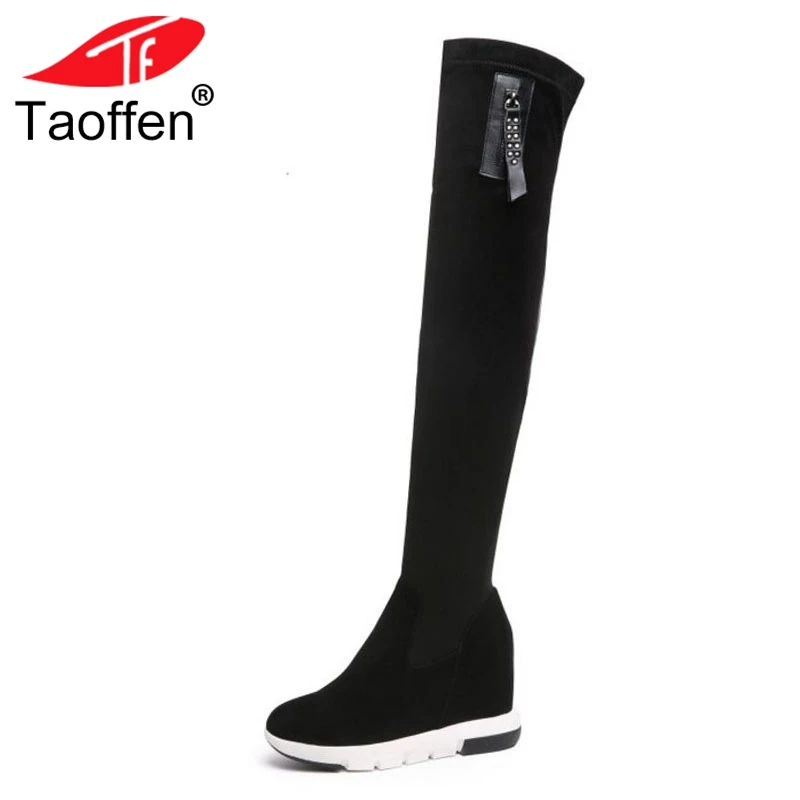 

TAOFFEN Women High Heel Boots Fur Winter Shoes Real Leather Zipper Over Knee Boots Concise Shoes Woman Footwear Size 34-39