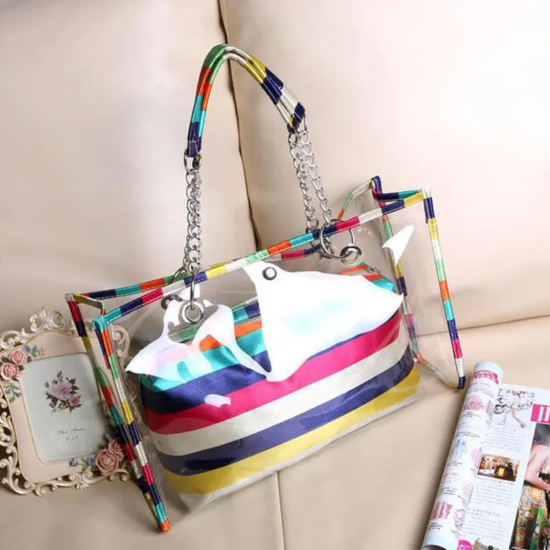 

Fashion Brand Women Summer Transparent PVC Clear Handbags Candy Color Beach Shoulder Bags Travel Shopping Tote bolsa mujer Li800