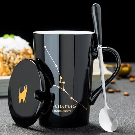 12 унций Созвездие креативные керамические кружки, кофейная кружка с крышкой ложки большой емкости чашки и кружки для чая tasse chat - Цвет: 14 Taurus