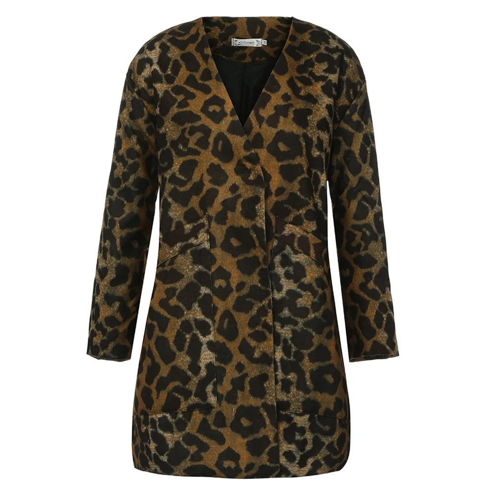 Sleeve Long Women's Thick Warm Coffee Leopard Winter Plus Autumn Size Coat pt Jacket Ladies Outerwear neck Casual V xwq1HxXIY4