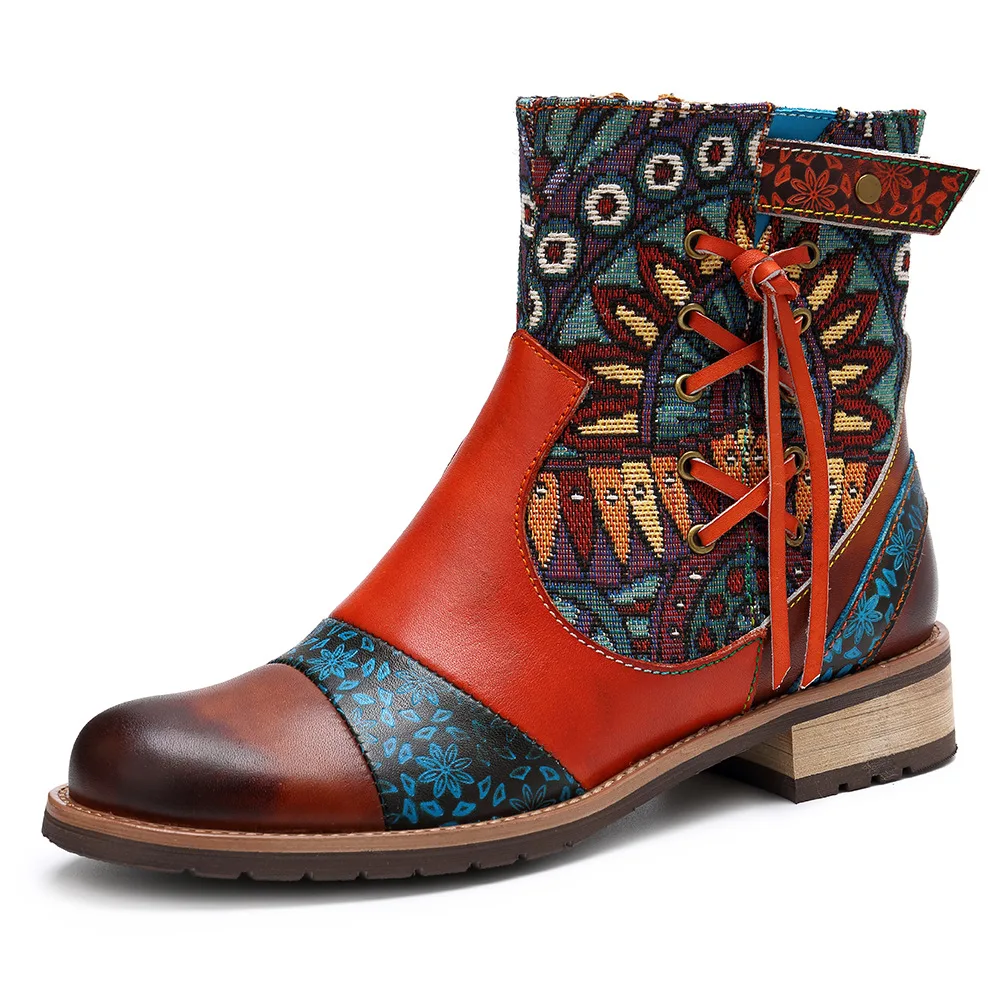 Mcacchi/Новинка года; винтажные ботильоны из натуральной кожи с перекрестной шнуровкой; модная женская обувь; Женские ботинки в богемном стиле с цветочным принтом