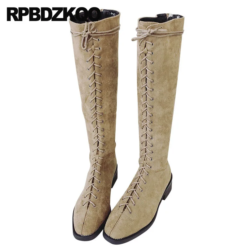 

Retro Vintage Autumn Square Toe Designer Shoes Women Luxury 2018 Boots Military Suede High Heel Knee Chunky Combat Lace Up Fall
