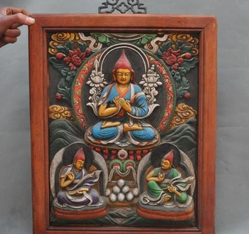 

20" Old Tibet Buddhism Wood Inlay Bronze Tsongkhapa Buddha Statue Tangka Thangka