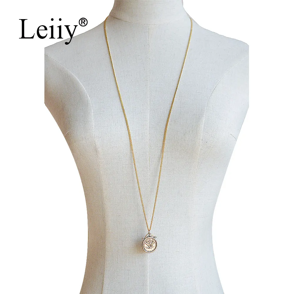 Leiiy Jewellery Gold Цвет металла длинной цепи Винтаж Большая печать кулон Соединенные