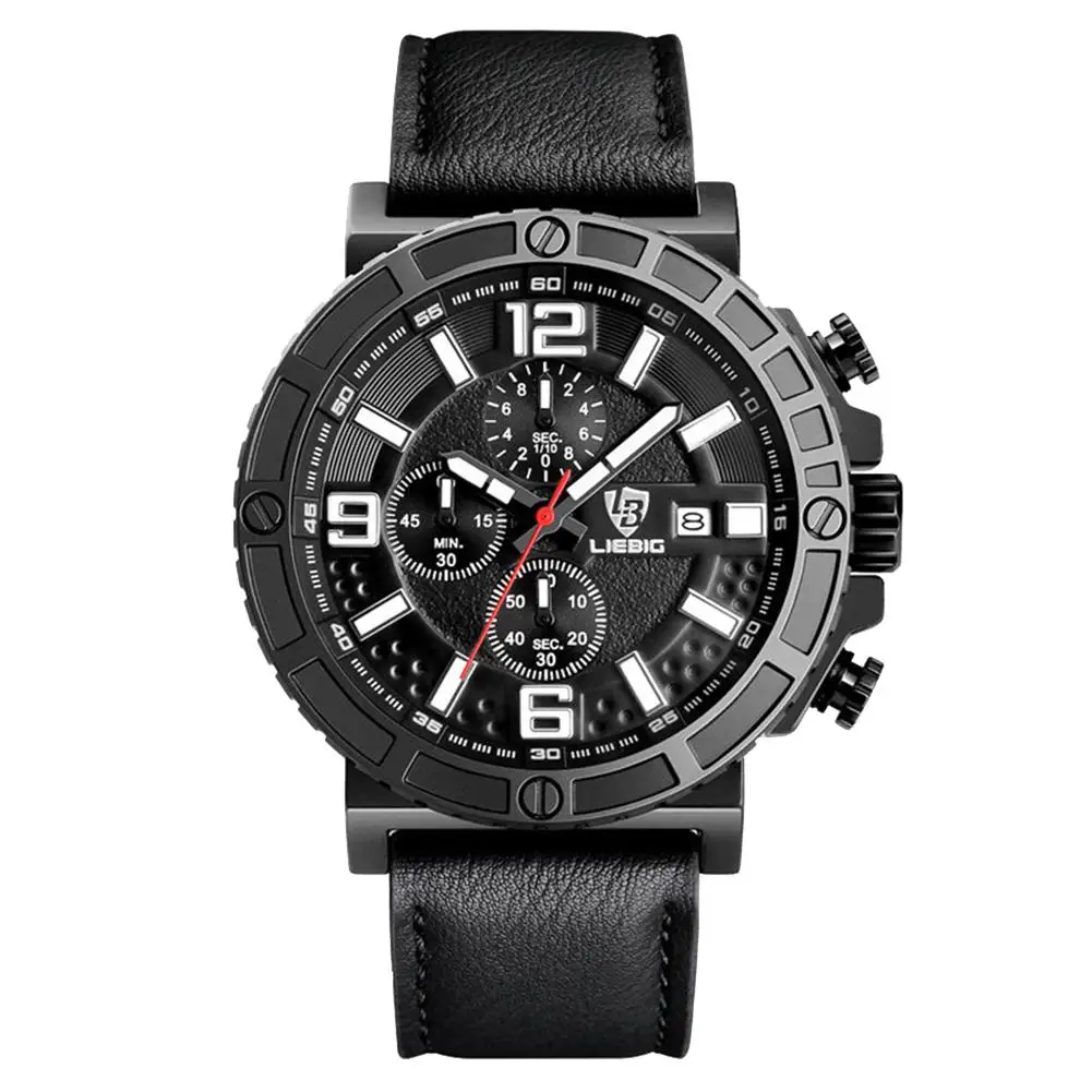 

Popular Sub-dial Chronograph Genuine Leather Band Men Calendar Quartz Wrist Watch