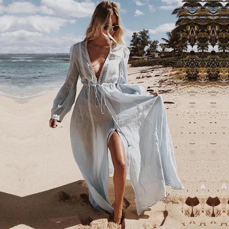 

BellFlower 2019 Summer New Bohemian Dresses Hollow Out Stitching Pull-rope V-neck Split Long Dress Boho Lace Up Beach Sundress