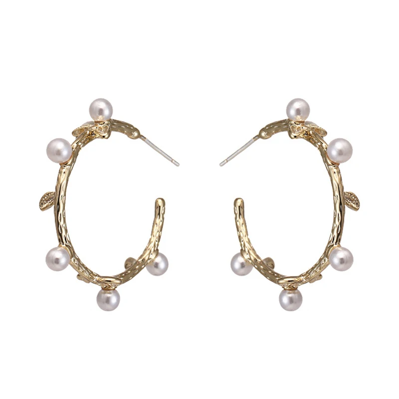 

SRCOI Vintage Japan Korean Imitation Pearls Hoop Earrings 925 silver needle C-shaped Circle Earrings Women Bride Wedding Earring