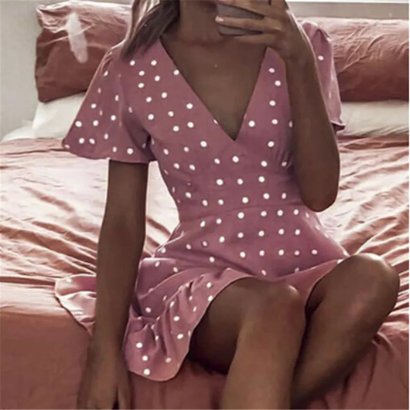 

Women Summer Boho Short Mini Dress 2019 Sexy V-neck Evening Party Beach Holiday Dresses Polka Dot Printed Short Sleeve Sundress