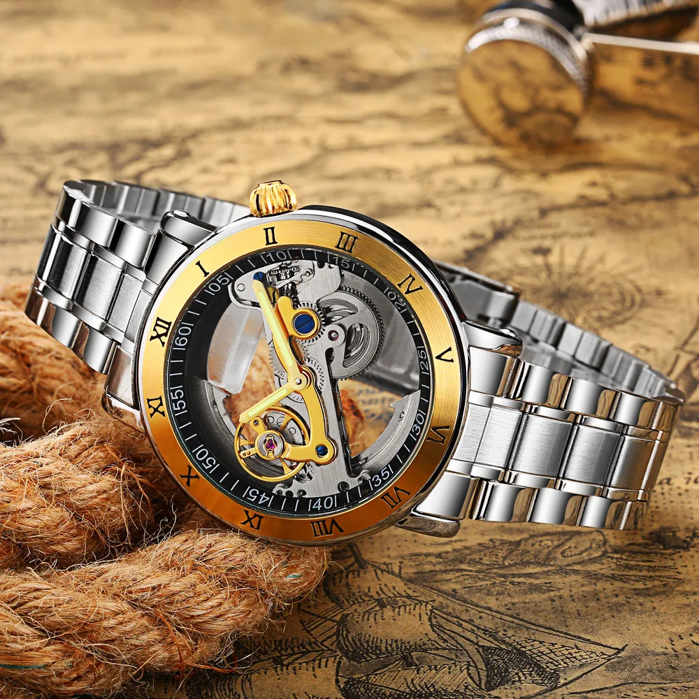 Fashion Top Men Mechanical Watch Unique Transparent Hollow Automatic Self Wind Watches Men Stainless Steel Tourbillon Watches