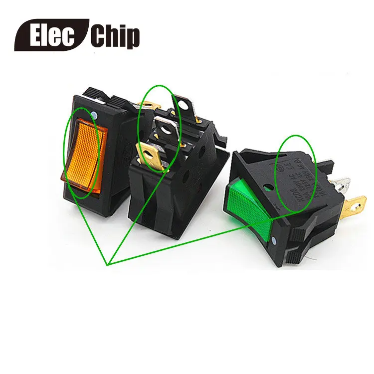 

5pcs/lot KCD6 AC 15A/250V 20A/125V ON-OFF 2 Position SPST Boat Rocker Switch 3 pins green yellow