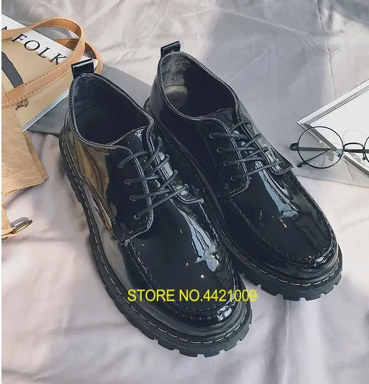

Men's Patent Leather Oxfords Chaussure Homme Tenis Masculino Adulto Black Lace-Up Dress Shoes Platform Height Increasing Shoes