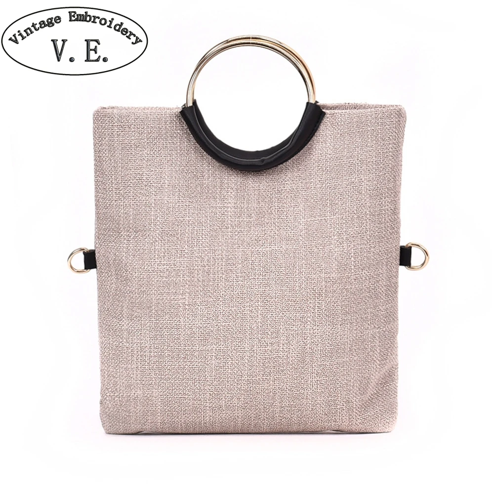 

Summer Linen Woven Women Handbags Ladies Metal Ring Chain Totes Casual Woman Shoulder Messenger Bags Sac Main Femme