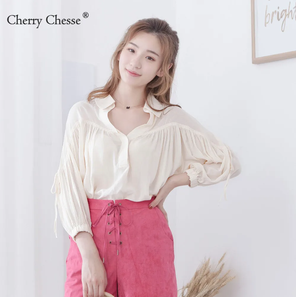 Cherry Chesse 2018 сладкий поясом блузка рубашка Для женщин Фонари рукавами в стиле