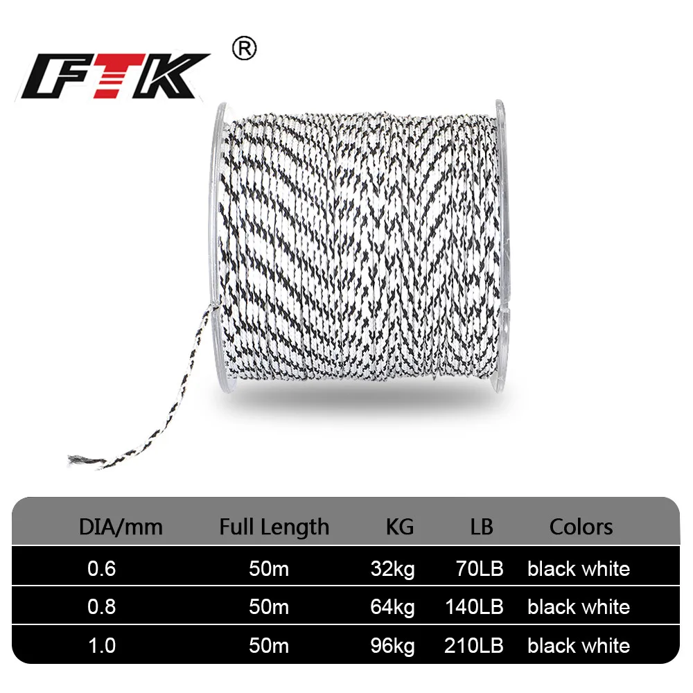 FTK 50 M 12 السواحل PE مضفر سلك 70LB-210LB ممتازة الرمح بندقية خط سوبر قوي المتعددة الشعيرات الرقصة خيط صنارة الصيد حبل الحبل