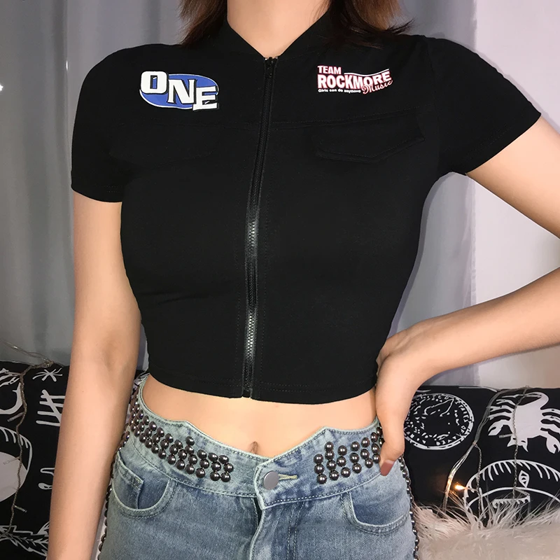 discount  Sweetown Black Short Sleeve Moto & Biker Coats And Jackets Women Active Wear Printed Slim Sexy Crop