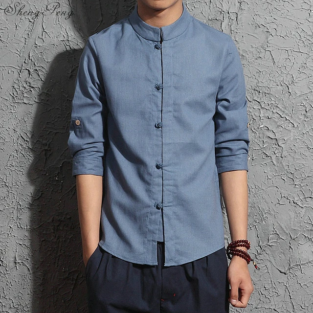 Excellent Mandarin Collar Frog Button Denim Shirt