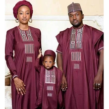Африканский Семейный комплект родитель, ребенок красный комплект топы и штаны 3 шт. отец мать мальчик Дашики пара Базен riche костюмы одежда
