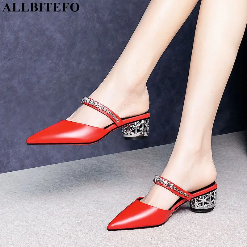 

ALLBITEFO large size:34-42 genuine leather high heels party women shoes high quality women high heel shoes summer women slipper