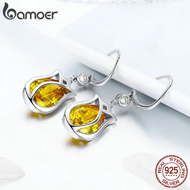 Женские серьги капельки BAMOER элегантные из стерлингового серебра с желтыми