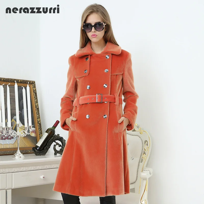 Нераззурри, длинный тренч для женщин, мода, Осеннее двубортное повседневное приталенное оранжевое пальто из искусственного меха в британском стиле