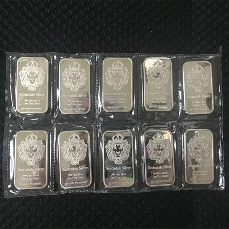 50 pcs Non magnetic Scottsdale silver bullion bar 1 OZ silver plated ingot badge 50 mm x 28 mm Vacuum packing 5 pcs a row bars