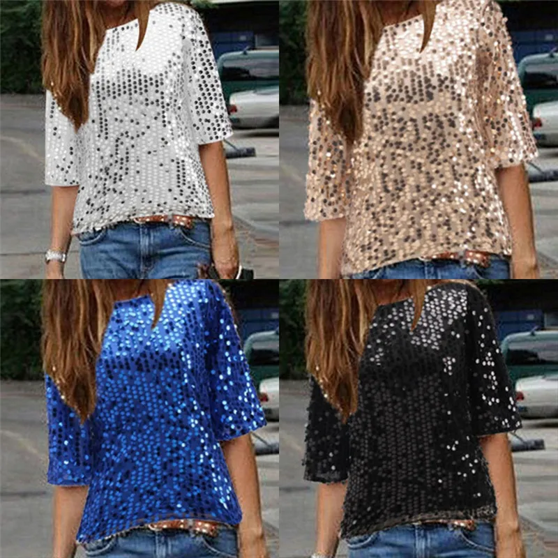 

Fashion Vintage Streetwear Party Tops Women Sexy Loose Off Shoulder Sequin Glitter Summer Casual Shirts