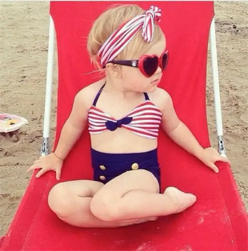 

Toddler Baby Kid Girl Bow Knot Tie Striped Bandage Bikini Set Swimwear Buckle Bathing Suit Swimsuit Beachwear