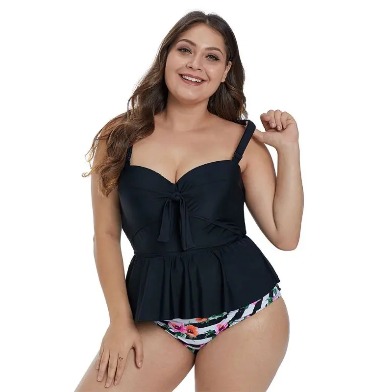 

Womens Plus Size Sexy Two Piece Bikini Set V-Neck Twist Bowknot Ruffles Tank Top Swimsuit High Waist Floral Stripes Ruched Brief