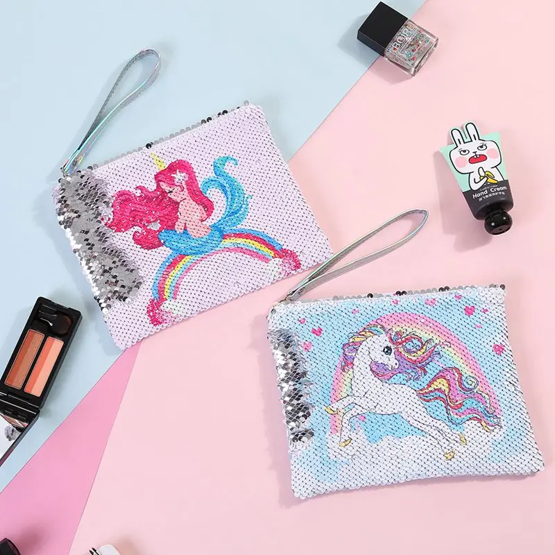 Cartoon Sequin Teenage Girl Style Cosmetic Bag For Hand Storage Cute Portable Makeup Large Capacity Toiletry Bag Pouch Case