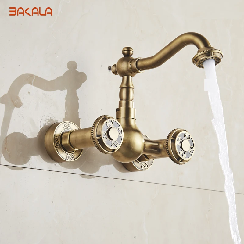  BAKALA Wall Mounted Two Handles Antique Brass Finish Kitchen Sink Bathroom basin Faucet mixer tap B - 32779462430