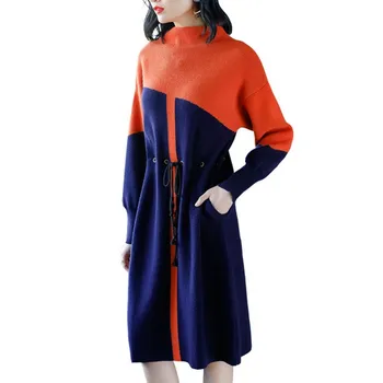 

Ladies 2018 Autumn Hot New Sweater Knee-Length Dress Long Sleeve Sexy Turtleneck Neck Knit Mini Loose Solid Dresses With Belt
