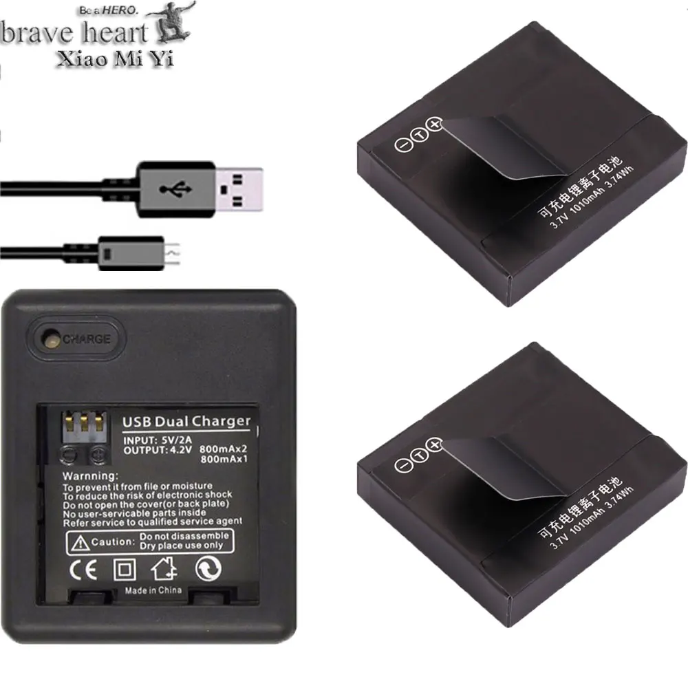 

NEW High Quality 2Pcs 1010mah Xiaomi YI AZ13-1 battery + USB Dual Charger For Xiaomi yi 1 Action Camera xiaomi yi accessories