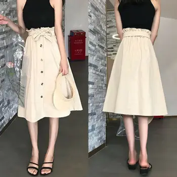 

Fashion Womens Casual Solid Ruffles A-Line Empire Dresses New Ladies Summer Beach Style Button Cotton Blended Skirt Sundress