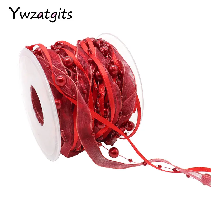 Ywzatgits 5 ярдов/лот 10 мм органза атласная бисерная лента жемчужные бусины цепь DIY Свадьба Рождество упаковочные материалы YC0703 - Цвет: C8  Red