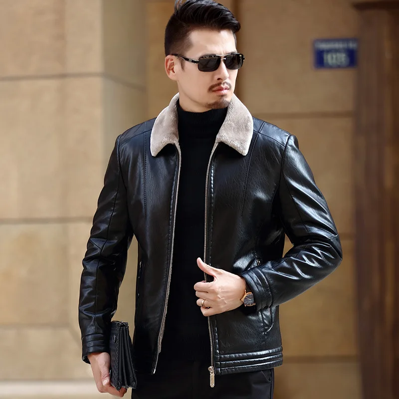 Men's Leather Jackets Men High Quality Winter Fleece PU Coats Classic Motorcycle Bike Jacket Male Warm Wide-Collared Outerwear