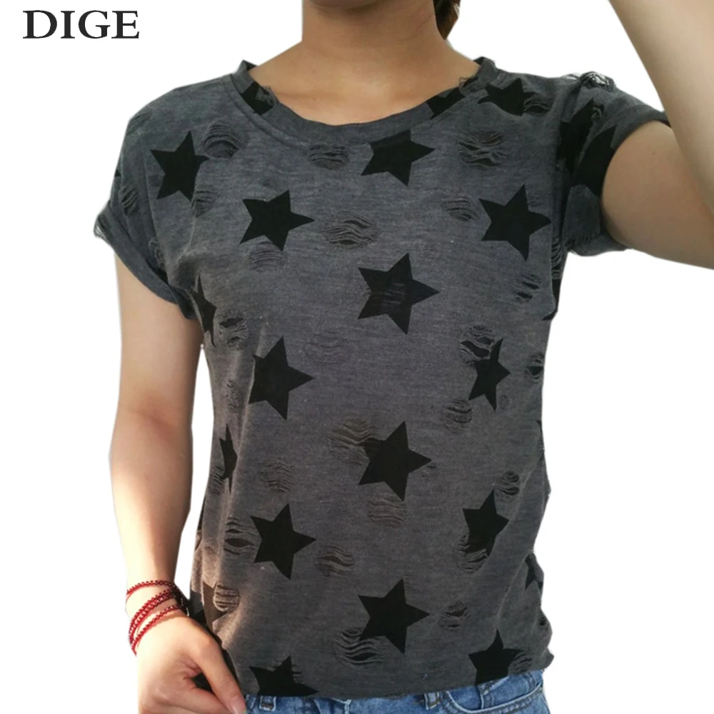 

2018 Women Plus Size Hole T shirt Ladies short sleeve star print vintage casual T-shirt big size summer tops for woman B0252