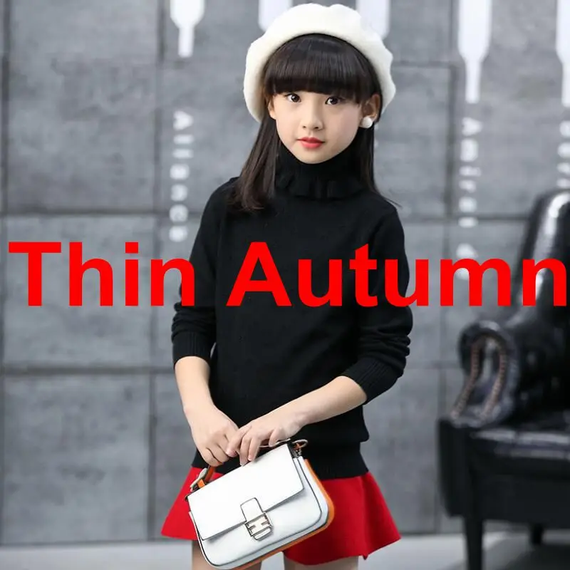 thin black sweaters Свитер с высоким воротником и длинными рукавами для девочек от 5 до 13 лет, Осень-зима г. топы, детские свитера с оборками пуловер для девочек JW0537 - Цвет: thin black sweaters