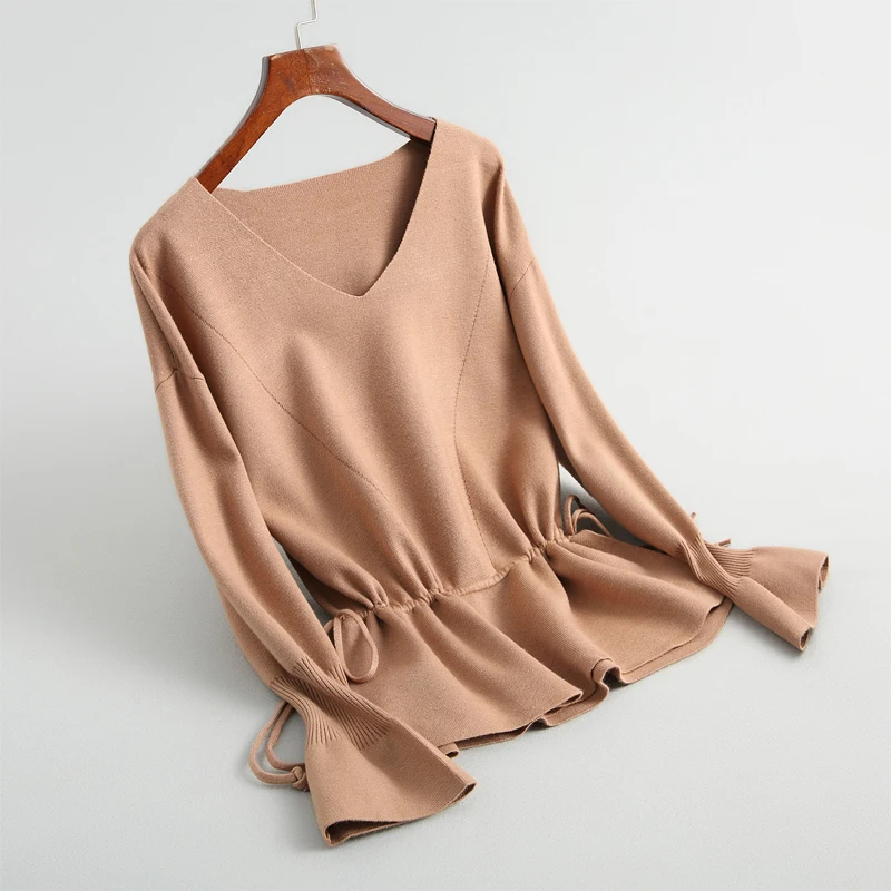 Women sweater loose style knitted solid color casual drawstring sweater design V-neck trumpet sleeve sweater
