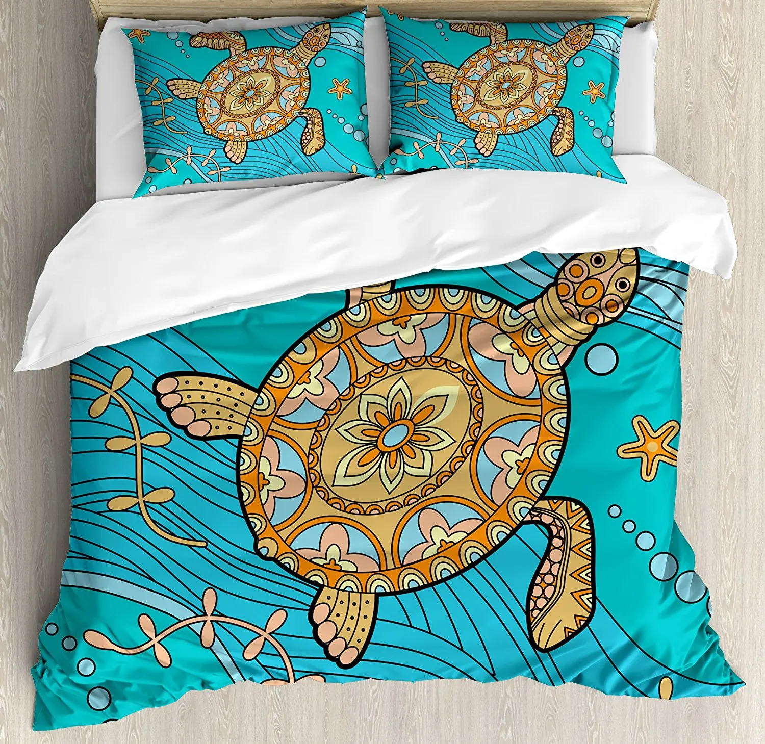 

Turtle Duvet Cover Set Doodle of Sea Turtle on Water Surface Artistic Maritime Inspirations Pattern Artwork Bedding Set