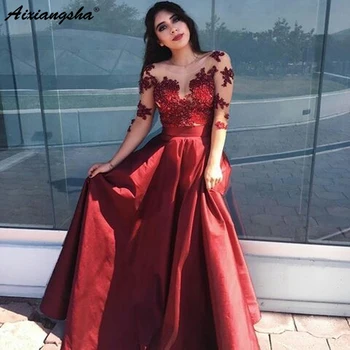 

Saudi Arabic Wine Red Lace Long Evening Dress With Half Sleeves A-line Formal Party Dresses Appliques O-neck Vestido Longo