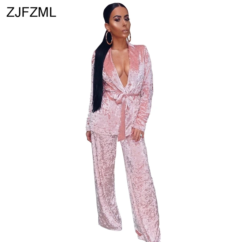 ZJFZML специальный дизайн 2018 популярные бархат женский комплект 2 шт. белый глубоким v-образным вырезом с длинными рукавами куртка и пикантные