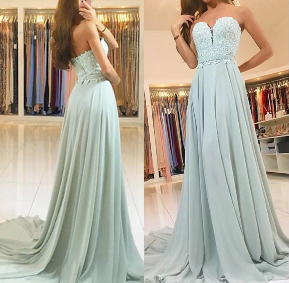 

Sexy Sweetheart Mint Green Cheap Lace Evening Dresses 2019 A Line Applique Long Chiffon Dress Formal Party Gown
