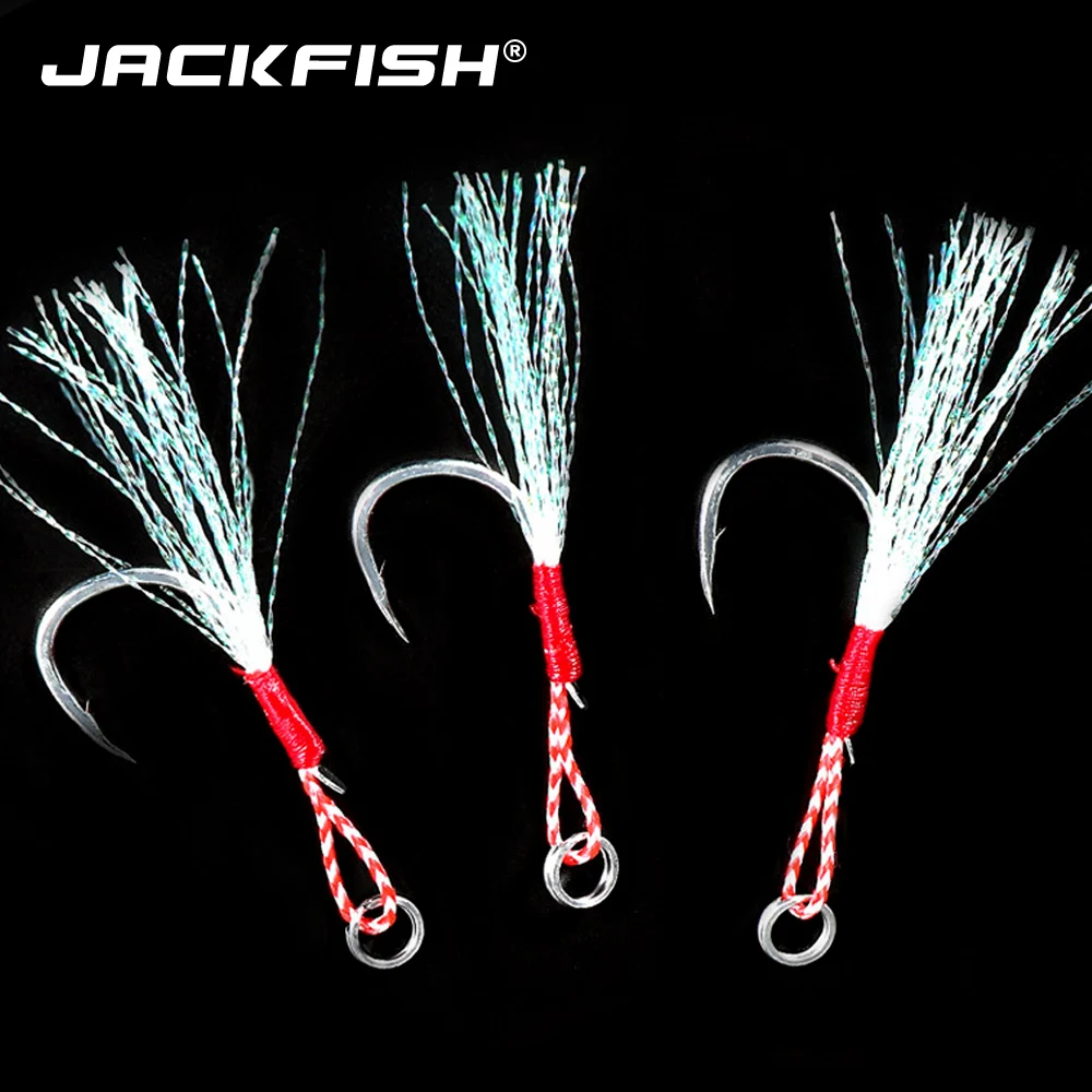 JACKFISH 10pcs/lot High Carbon Steel Fishing Hooks with Line feather roped Fishhook Barbed Hooks Fishing Tackle 20KG/44Ib