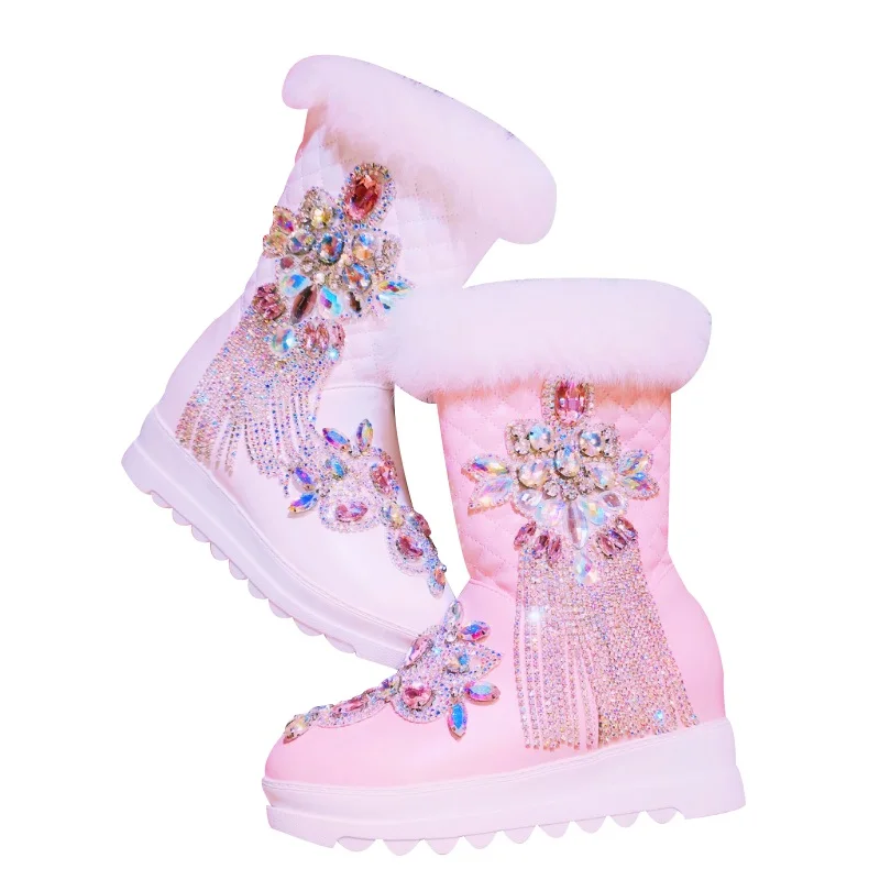 

Real Rabbit fur Boots Women Plush Warm Platform Shoes Bling Crystal Embellished Snow Boots Rhinestone Hidden Wedge Winter Shoes