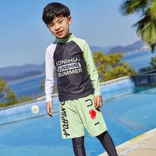 3 предмета одежда для плавания с длинным рукавом детский купальный костюм с принтом для мальчиков и девочек в стиле пэчворк, однотонные брюки с высоким воротом ванный комплект для детей