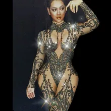 Одежда для ночного клуба, боди, декорированное камнями, леггинсы для выпускного вечера, праздничный наряд, платье для выступлений, черный, телесный комбинезон со стразами для женщин