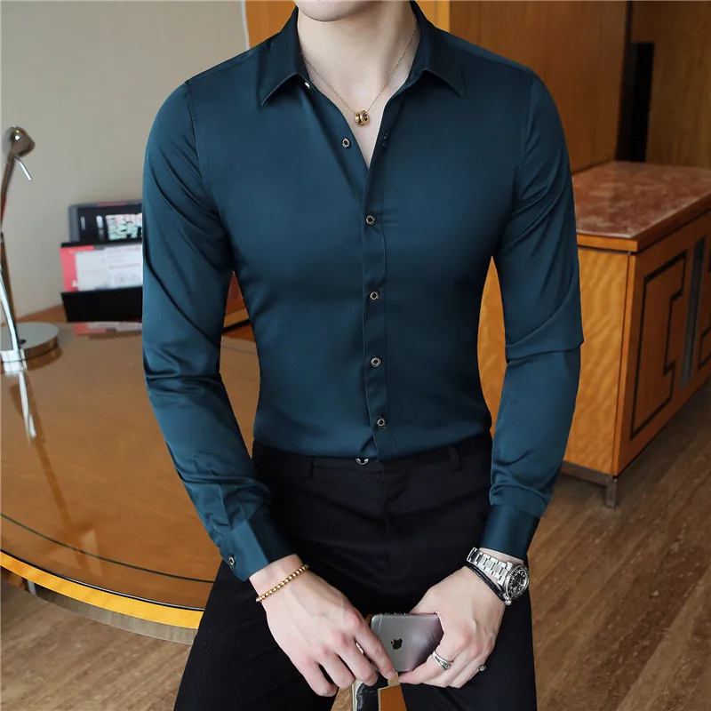

Fashion Brand Men's Solid Color Shirt Long Sleeve Slim Camisa Masculina Men's Clothing Dark Green Red Casual Dinner Party Shirt
