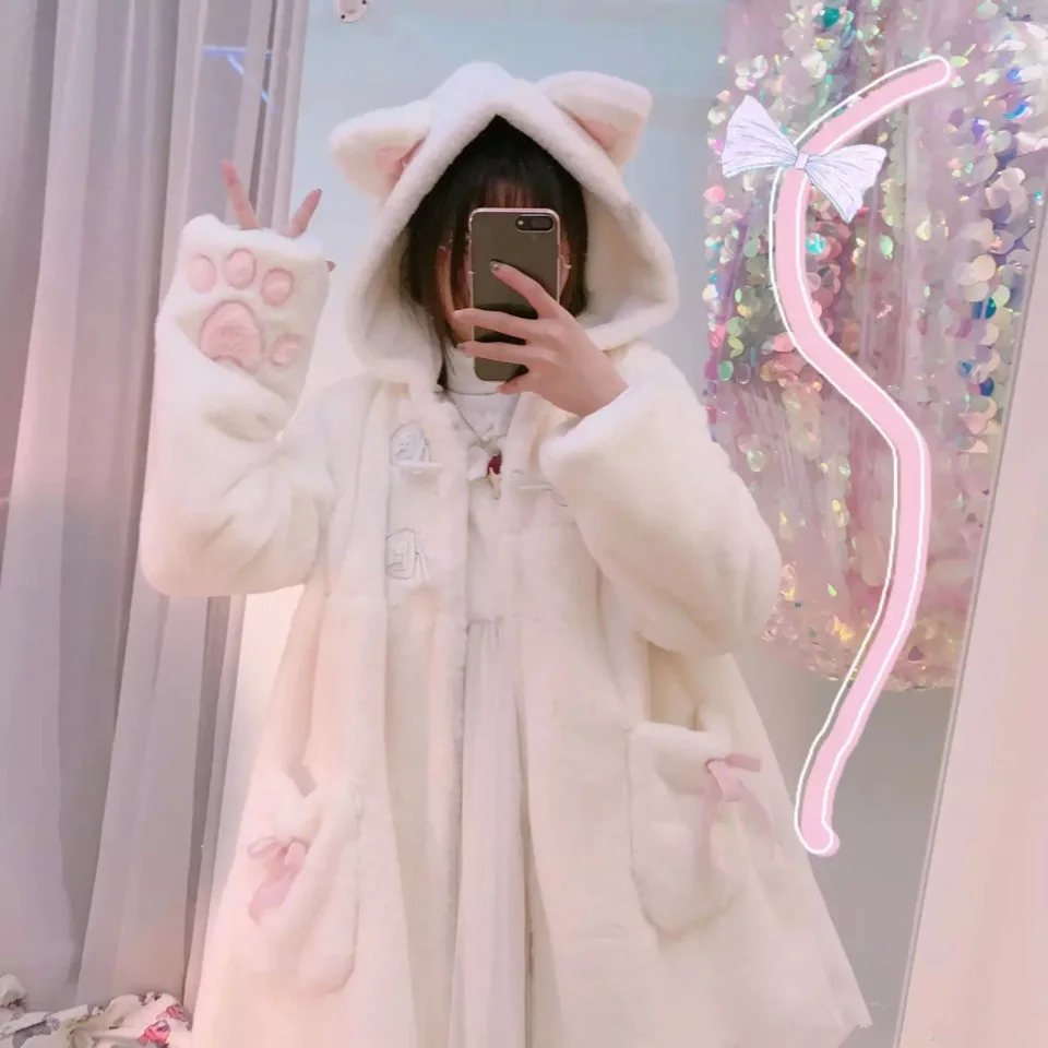 

Women Kawaii Japanese Sweet Lolita Cat Ears Princess Winter Thiken Hoodie Jacket Coat Girls Warm Faux Fur