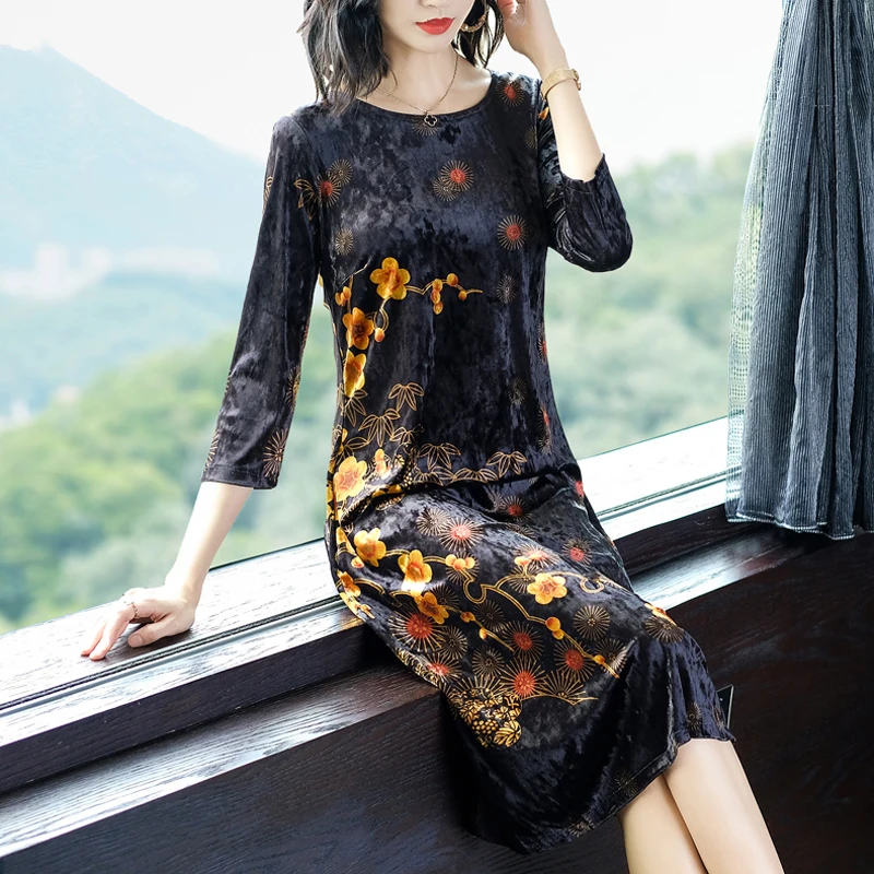 

Velvet black dress women plus size long sleeve midi print robe vintage dresses autumn winter elegant chinese clothes vestido